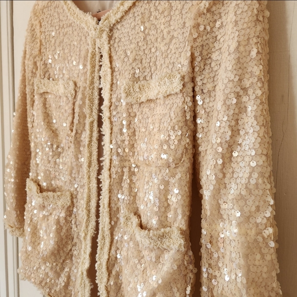 Zara Cream All Over Sequin Open Front Contrasting Trim Jacket - Picture 5 of 7